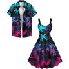 ROSE GAL Matchable Couple Hawaiian Coconut Tree Print Shirt or Plus Size Knee Length Fit and Flare Tank Dress(Women Black)