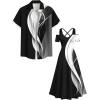 ROSE GAL Matchable Couples Hawaiian Men Shirt and Women Cold Shoulder Crisscorss Short Sleeves Midi Dress(Men/Black)