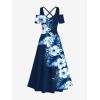 ROSE GAL Matchable Couples Hawaiian Men Shirt and Women Cold Shoulder Crisscorss Short Sleeves Midi Dress(Women/Blue)
