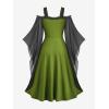 ROSE GAL Plus Size Medieval Vintage Costume Cold Shoulder Flare Sleeve Goth Dresses(Green)