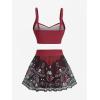 ROSE GAL Plus Size Skulls Gothic 2 Piece Tankini Swimsuit for Women Padded Tummy Control Skirted Bathing Suit(Red_1)