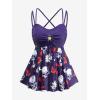ROSE GAL Plus Size Women Goth Two Piece Bathing Suit Skull Floral Print Crisscross Back Flowy Tankini Swimsuit(Purple)