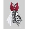 ROSE GAL Plus Size Women Goth Two Piece Bathing Suit Skull Print Lace-up Crisscross Back Flowy Tankini Swimsuit(Red)