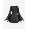 ROSE GAL Plus Size Women Gothic Halloween Costume Flocking Bat Mesh Asymmetric Bell Sleeve 2 in 1 Goth Swing Top(Black)