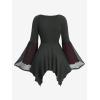 ROSE GAL Plus Size Women Gothic Halloween Costume Two Tone Lace-up Layered Handkerchief Hem Bell Sleeve Goth Top(Black)
