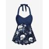 ROSE GAL Plus Size Women Gothic Two Piece Bathing Suit Skull Floral Print Twist Front Halter Goth Tankini Swimsuit(Deep Blue)