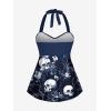 ROSE GAL Plus Size Women Gothic Two Piece Bathing Suit Skull Floral Print Twist Front Halter Goth Tankini Swimsuit(Deep Blue)