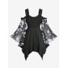 ROSE GAL Plus Size Women Halloween Costume T-Shirt Gothic Top Skull Mesh Lace Up Bell Sleeve Cold Shoulder Top(Black)