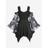 ROSE GAL Plus Size Women Halloween Costume T-Shirt Gothic Top Skull Mesh Lace Up Bell Sleeve Cold Shoulder Top(Deep Blue)