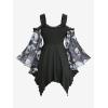 ROSE GAL Plus Size Women Halloween Costume T-Shirt Gothic Top Skull Mesh Lace Up Bell Sleeve Cold Shoulder Top(Purple)