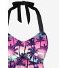 ROSE GAL Plus Size Women Hawaiian Two Piece Bathing Suit Coconut Tree Print Drawstring Side Halter Modest Tankini Swimsuit(Pink)