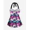 ROSE GAL Plus Size Women Hawaiian Two Piece Bathing Suit Coconut Tree Print Drawstring Side Halter Modest Tankini Swimsuit(Pink)
