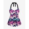 ROSE GAL Plus Size Women Hawaiian Two Piece Bathing Suit Coconut Tree Print Drawstring Side Halter Modest Tankini Swimsuit(Pink)