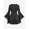ROSE GAL Plus Size Women Lace-up Color Block Long Bell Sleeve Swing Top(Black)