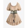 ROSE GAL Plus Size Women Medieval Renaissance Off Shoulder Blouse Lace-up Jacquard Corset Swing Puff Sleeve Top(Khaki)