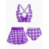 ROSE GAL Rosegal Plus Size Valentines Heart Bowknot Crisscross Padded Three Piece Tankini Swimsuit(Deep Purple)