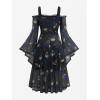 ROSE GAL Rosegal Plus Size Women Medieval Gothic Bell Sleeves Cold Shoulder Skulls Dress Halloween Dress(Blue_2)
