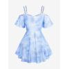 ROSE GAL Rosegal Women Plus Size Cold Shoulder Top Galaxy Moon Star Twist Chains Hollow Out Ombre Tie Tee(Blue_1)