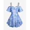 ROSE GAL Rosegal Women Plus Size Cold Shoulder Top Galaxy Moon Star Twist Chains Hollow Out Ombre Tie Tee(Blue_2)