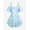 ROSE GAL Rosegal Women Plus Size Cold Shoulder Top Galaxy Moon Star Twist Chains Hollow Out Ombre Tie Tee(Green_2)