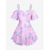 ROSE GAL Rosegal Women Plus Size Cold Shoulder Top Galaxy Moon Star Twist Chains Hollow Out Ombre Tie Tee(Pink_3)