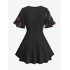 ROSE GAL Rosegal Women Plus Size Elegant Cherry Summer Blouse Flutter Sleeves Fruit Printed Blouse(Black_1)