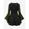 ROSE GAL Rosegal Women Plus Size Gothic Moon Star Mesh Panel Bell Sleeves Chain Tassel T-Shirt(Green_1)