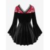 ROSE GAL Rosegal Women Plus Size Romantic Gothic Lace-up Lace Panel Ruched Bell Sleeves Velvet Tee(Black_2)