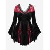 ROSE GAL Rosegal Women Plus Size Romantic Gothic Lace-up Lace Panel Ruched Bell Sleeves Velvet Tee(Black_2)