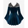 ROSE GAL Rosegal Women Plus Size Romantic Gothic Lace-up Lace Panel Ruched Bell Sleeves Velvet Tee(Blue_5)