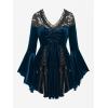 ROSE GAL Rosegal Women Plus Size Romantic Gothic Lace-up Lace Panel Ruched Bell Sleeves Velvet Tee(Blue_5)