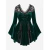 ROSE GAL Rosegal Women Plus Size Romantic Gothic Lace-up Lace Panel Ruched Bell Sleeves Velvet Tee(Green_1)