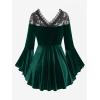 ROSE GAL Rosegal Women Plus Size Romantic Gothic Lace-up Lace Panel Ruched Bell Sleeves Velvet Tee(Green_1)