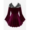 ROSE GAL Rosegal Women Plus Size Romantic Gothic Lace-up Lace Panel Ruched Bell Sleeves Velvet Tee(Red_1)