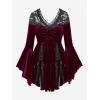 ROSE GAL Rosegal Women Plus Size Romantic Gothic Lace-up Lace Panel Ruched Bell Sleeves Velvet Tee(Red_1)