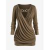 ROSE GAL Rosegal Womens Plus Size Wide Ribbed Keyhole Cutout Draped Ruched Surplice Wrap Long Sleeve Blouson Top(Coffee)