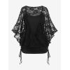 ROSE GAL Women Plus Size Cinched Ruched Batwing Sleeves Lace 2 in 1 Tee Blouson Top(Black-216a)