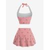 ROSE GAL Women Plus Size Cute Gingham Bowknot Print Lace-up Bikini Halter Two Piece Swimsuit with Skirt(Red)