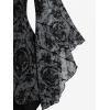 ROSE GAL Women Plus Size Flare Sleeves Ruffles Flower Lace Up 2 in 1 Top(Gray_1)