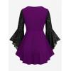 ROSE GAL Women Plus Size Flare Sleeves Ruffles Flower Lace Up 2 in 1 Top(Purple_3)