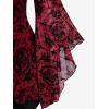 ROSE GAL Women Plus Size Flare Sleeves Ruffles Flower Lace Up 2 in 1 Top(Red_2)