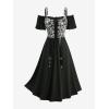 ROSE GAL Women Plus Size Gothic Steampunk Renaissance Cold Shoulder Midi Lace-up Skull Jacquard Corset Dress(Black)