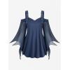 ROSE GAL Women Plus Size Gothic Top Buckle Straps Cold Shoulder Mesh Bell Sleeve Witch Halloween Costume Gothic Tee(Blue_1)