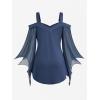 ROSE GAL Women Plus Size Gothic Top Buckle Straps Cold Shoulder Mesh Bell Sleeve Witch Halloween Costume Gothic Tee(Blue_1)