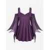 ROSE GAL Women Plus Size Gothic Top Buckle Straps Cold Shoulder Mesh Bell Sleeve Witch Halloween Costume Gothic Tee(Red_1)