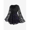 ROSE GAL Women Plus Size Lace-up Gothic Witch Halloween Costume Bell Sleeves T-Shirt(Black_2)