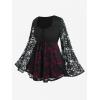 ROSE GAL Women Plus Size Lace-up Gothic Witch Halloween Costume Bell Sleeves T-Shirt(Red_1)