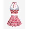 ROSE GAL Women Plus Size Retro Bikini Gingham Two Piece Swimsuit with Skirt Halter Tummy Control Bathing Suit(Red)