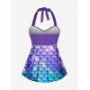 ROSE GAL Women Plus Size Two Piece Tankini Swimsuit Set 3D Mermaid Print Halter Backless Twist Padded Swimwear(Purple_1)
