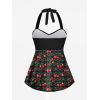 ROSE GAL Women Plus Size Two Piece Tankini Swimsuits Retro Cherry Dots Print Halter Cinched Ruched Modest Bathing Suits(Black)